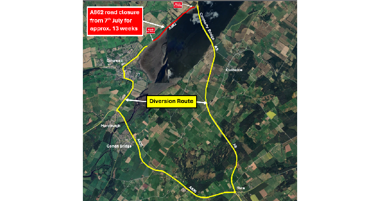 This is a map showing a road closure in red and the signposted diversion route in yellow.