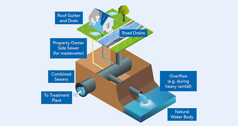 Overflow infographic infopgraphic showing a house and associated pipework below with their journeys to the sewer network and the waterbody