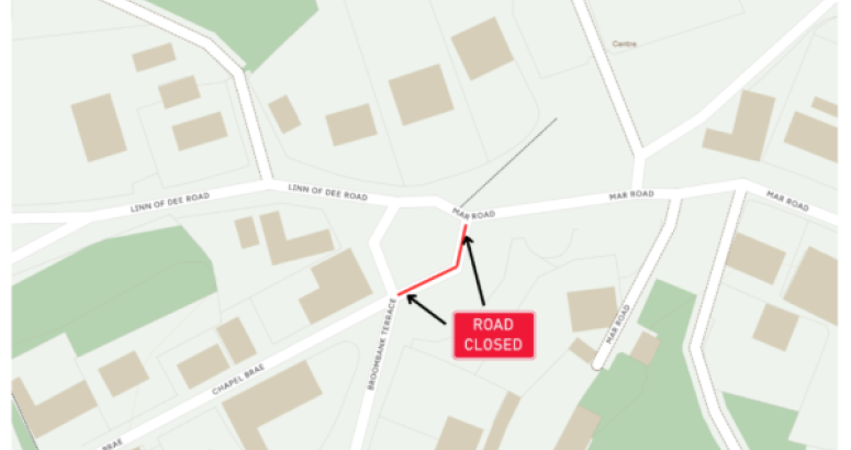 Partial Road Closure in Braemar Satellite image of partial road closure on Chapel Brae in Braemar