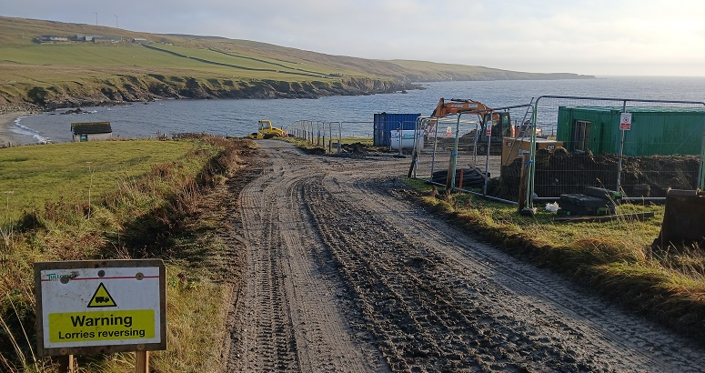 Gulberwick sewer network upgrades The track leading to the work site at Gulberwick is shown with the shore in the background