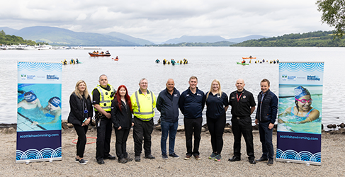 Learn to Swim School Swimming Safety Lesson L-R - Claire Hubler, Roddie MacNeil, Joanne King, Cameron Taylor, Alan Thomson, Gordon Hunter, Lorna Smith, Chris Spence, Alan Crawford at Loch Lomond to mark Drowning Prevention Week