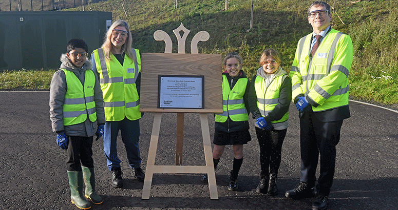 Winchburgh Opening Pupils from Winchburgh Primary School unveiling a plaque to mark the opening of Winchburgh Waste Water Treatment Works with Cabinet Secretary for Net Zero and Energy Gillian Martin and Scottish Water Chief Executive Alex Plant
