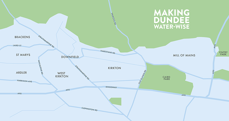 Dundee Domestic Smart Monitoring Generated map of north west are of Dundee with Making Dundee Water-wise text